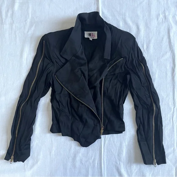 Shox Moto Jacket Asymmetrical Ziper Biker Blazer Ribbed Pointed Waist Womens M - Picture 2 of 8
